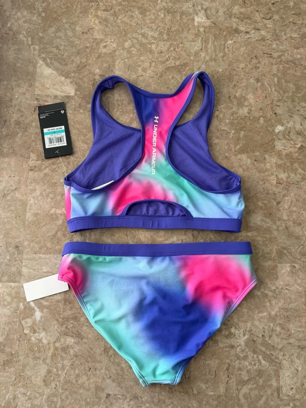 UNDER ARMOUR Girl's Size 16 two pieces Polka Party Blur Racer Bikini Purple Pin